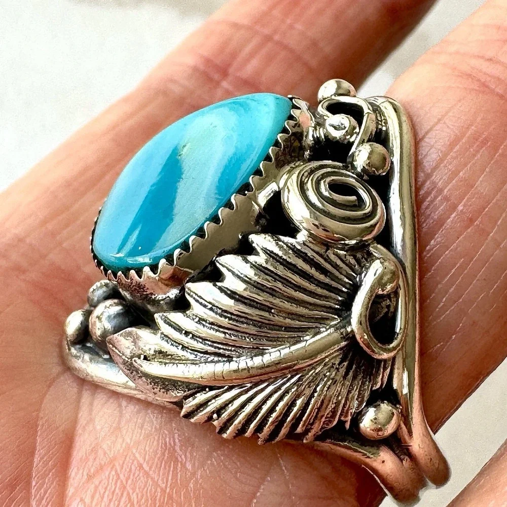 Navajo Turquoise Mens Ring Sz 14 Leaf Feather Signed Morgan Sterling Native Amer